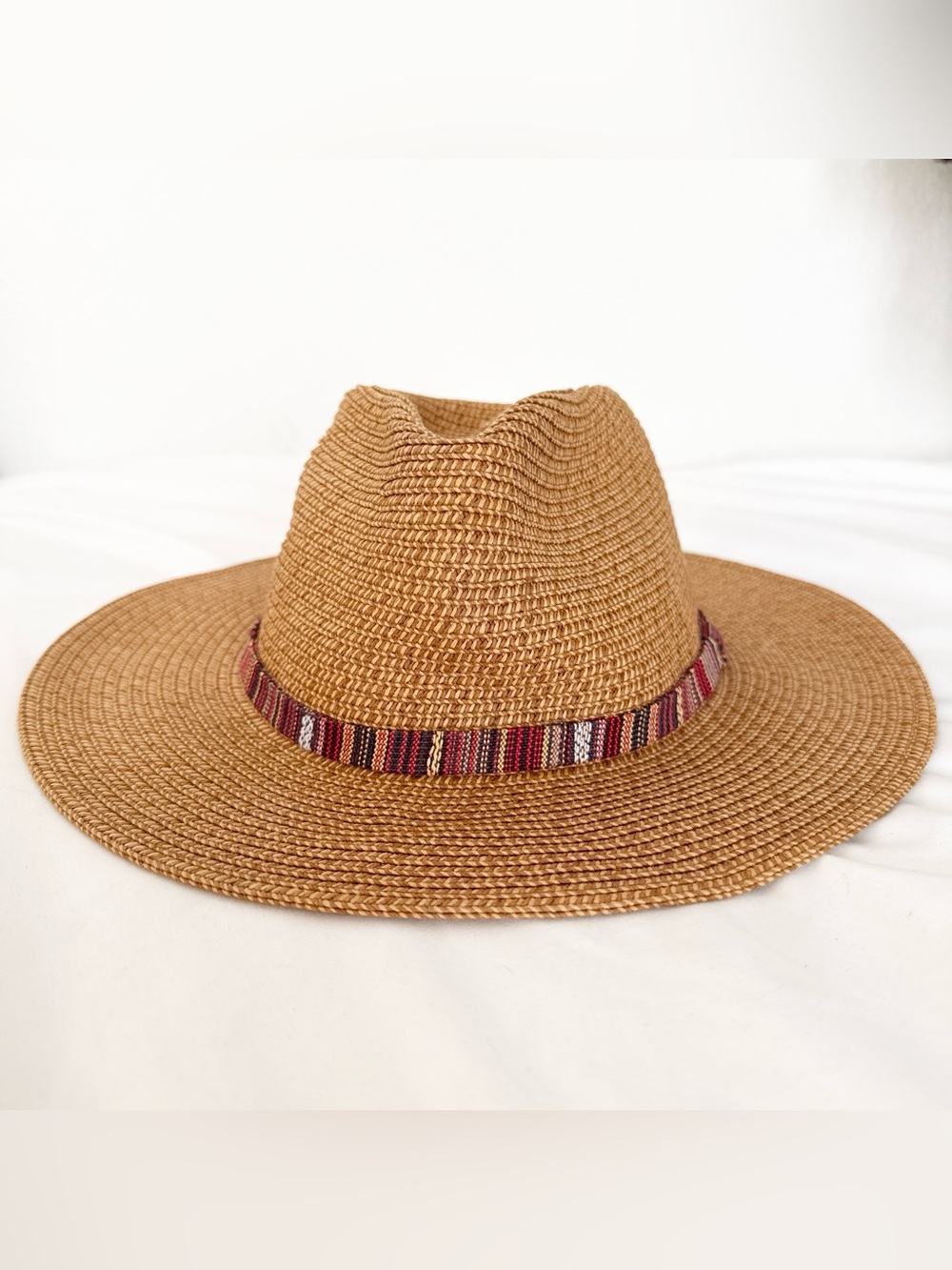 Tan Straw Fedora with Burgundy-Striped Accent Band